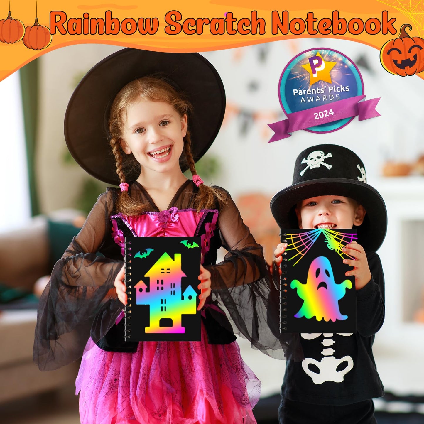 ZMLM 24 Pack Rainbow Scratch Art Party Favors for Kids 4-8 - Mess-Free Birthday Goodie Bags Stuffers, Classroom Prizes Grades 1–3, Creative Paper Notebooks for Pre-K Kindergarten Gifts(Halloween