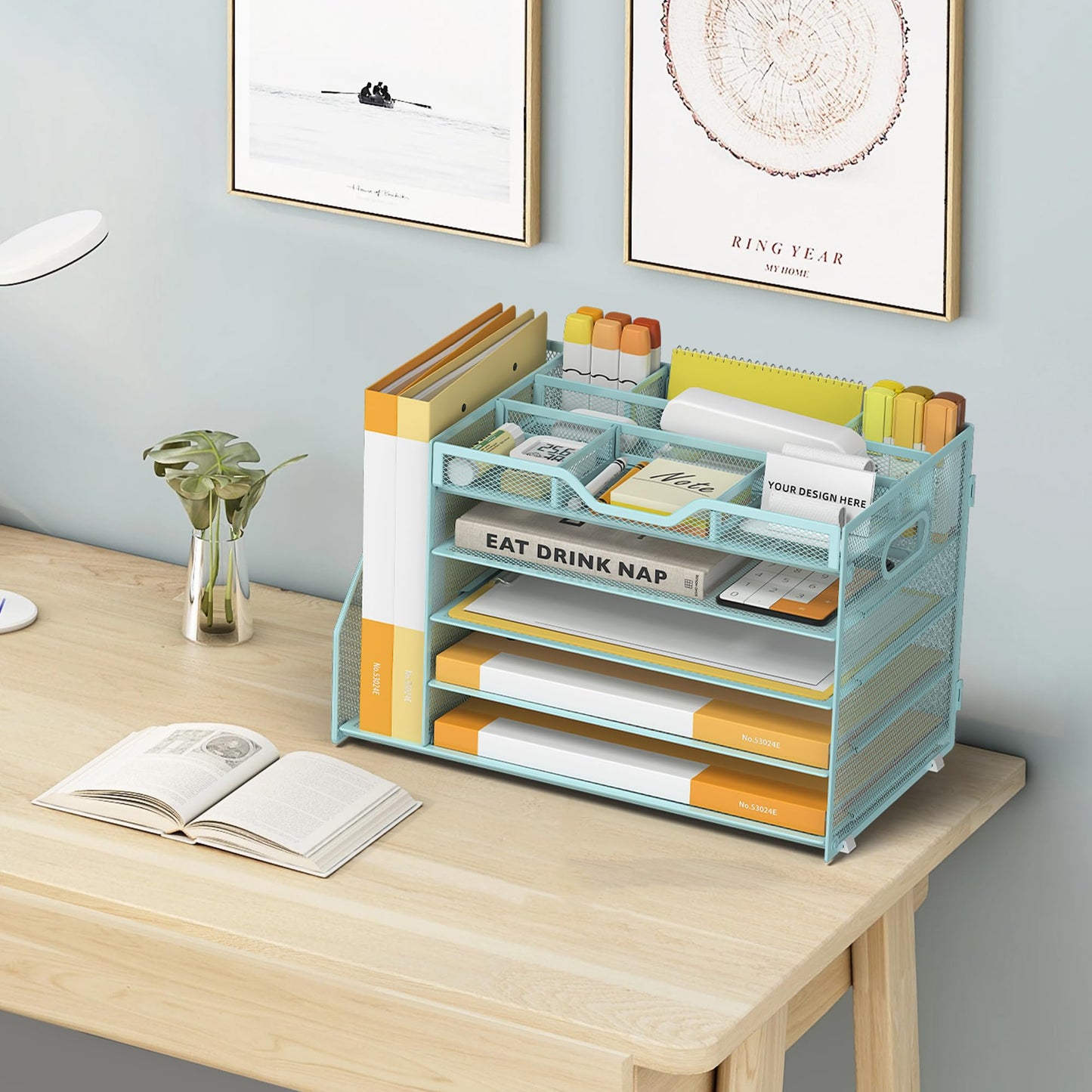 OrgMate 5 Tier Paper Letter Tray with File Holder and 3 Drop-in Pen Holders, Mesh Desk File Organizer with Handle, Desk Organizers and Accessories for School,Home, Office Supplies Storage-Blue