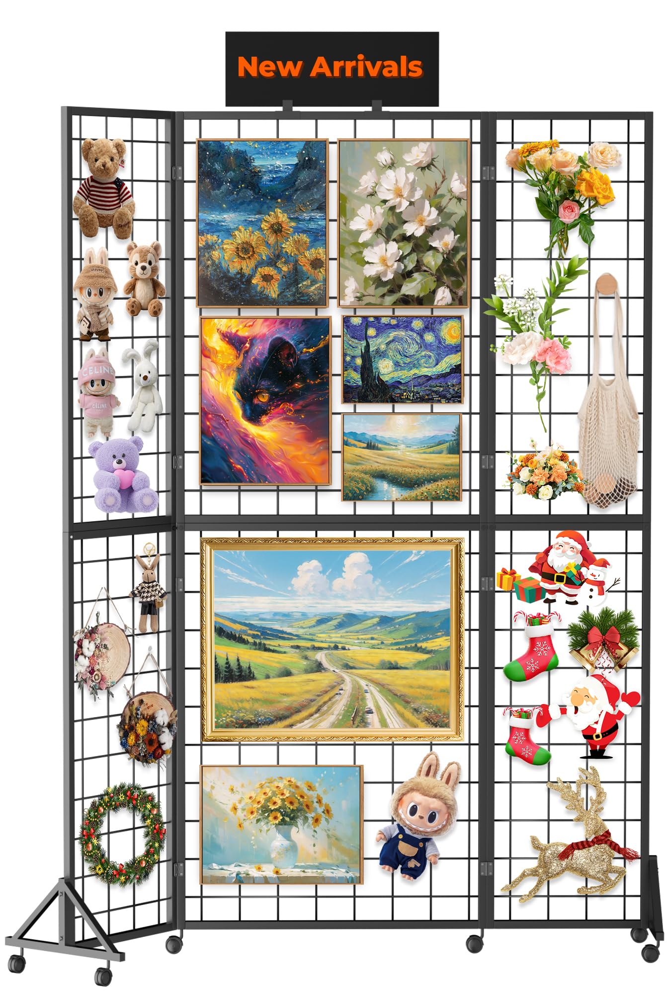Foldable Grid Wall Panel, 6' x 4.25' Ft Gridwall Display Stand with Notice board, Heavy Duty Sturdy Floorstanding Wire Grid Display Rack, Movable Silent Wheel, Ideal for Retail & Art Craft Fairs
