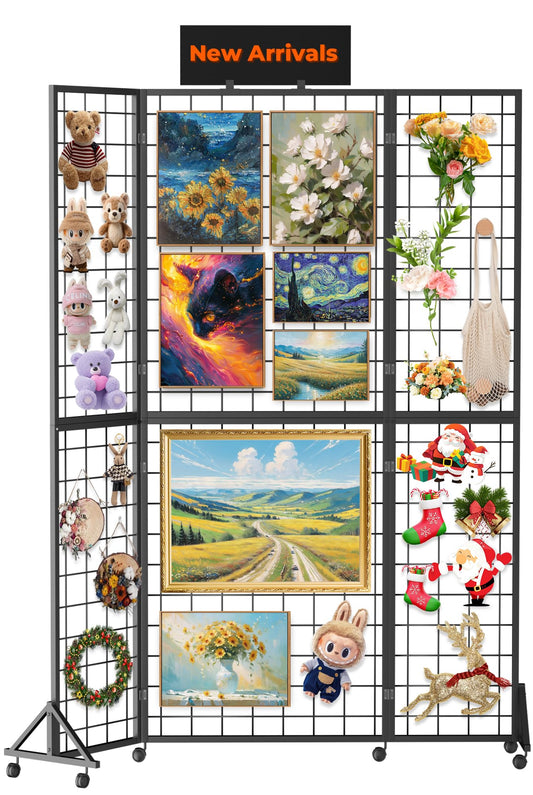 Foldable Grid Wall Panel, 6' x 4.25' Ft Gridwall Display Stand with Notice board, Heavy Duty Sturdy Floorstanding Wire Grid Display Rack, Movable Silent Wheel, Ideal for Retail & Art Craft Fairs