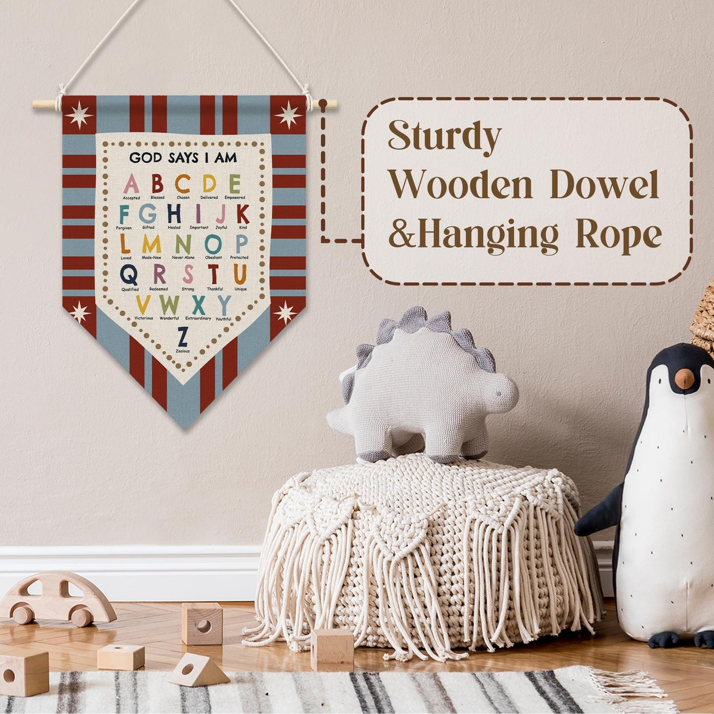 RUKUPA Christian Nursery Wall Art Decor, Alphabet Classroom Hanging Pennant Flag, God Says I Am Bible Verse Religious Wall Art Poster Hanger for Kids Room Bedroom Playroom Classroom Decor, 11x15 Inch