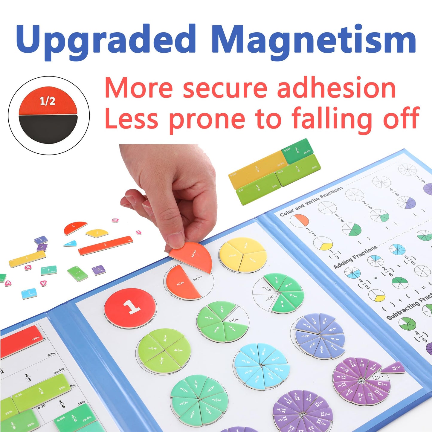 Magnetic Fraction Playbook & Fraction Manipulatives Set, Montessori Magnetic Fraction Book for Kids Grades K-3, Math Manipulatives with Fraction Tiles and Circles, Educational Fraction Games & Puzzle