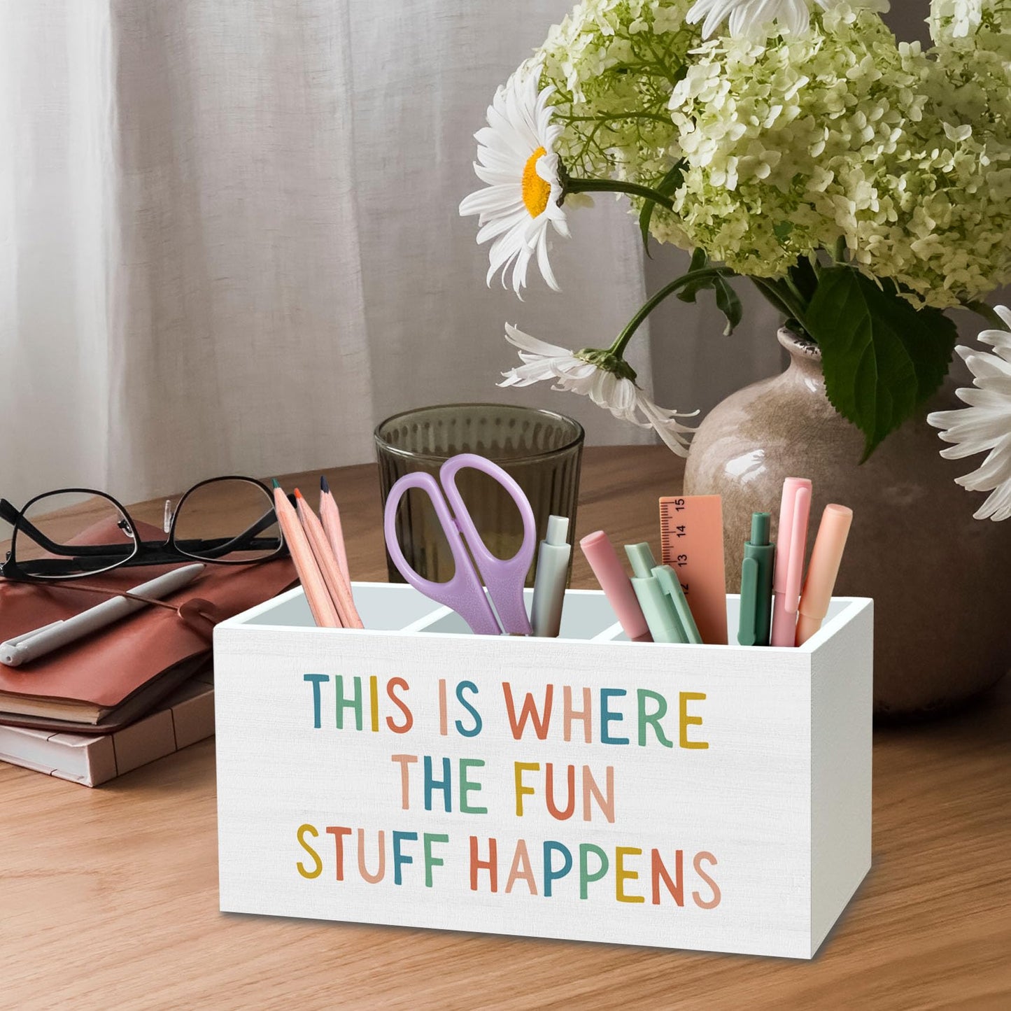 DILSJ Boho Classroom Pen Pencil Holder Organizer for Desk, Boho Classroom Decor, This Is Where the Fun Stuff Happens Wooden Box Signs for Kids Room Bedroom Playroom Desk Office & School Supplies