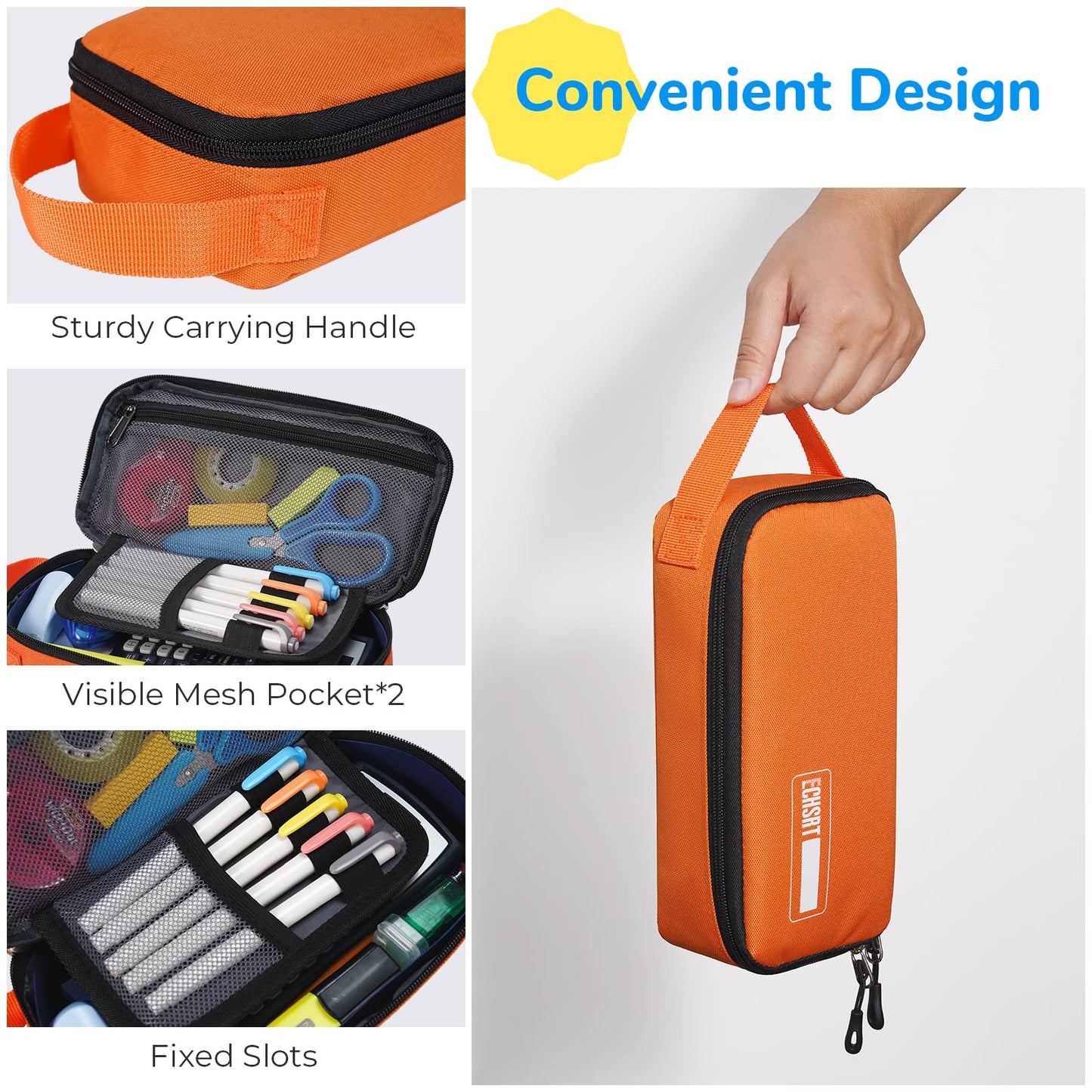 ECHSRT Pencil Case for Men Women, Large Pen Bag for Adults, Portable Pencil Pouch Aesthetic with Handle, Zipper Cases for Office Organizer Orange