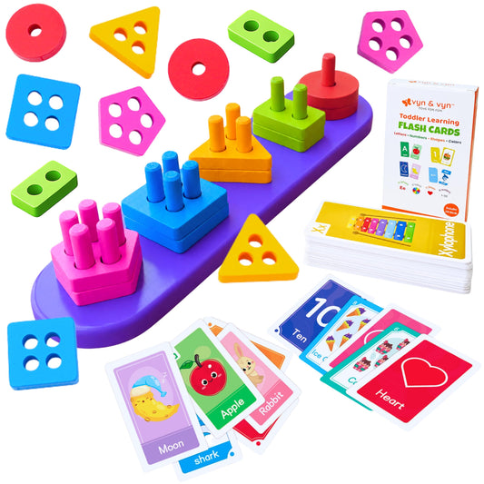 VYN & VYN Montessori Toys for 1 2 3 Year Old Boys Girls, 2-in-1 Wooden Shape Sorter & Flash Cards, Stacking and Sorting Toy, Color & Shape Matching Learning Puzzle, Educational Toy for Toddlers 1-3
