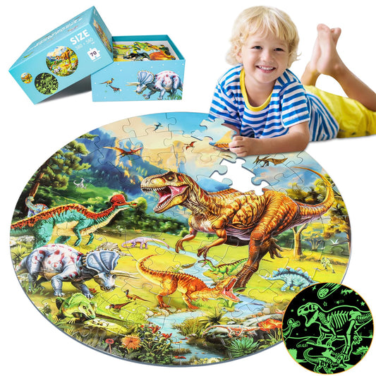 Glow-in-The-Dark Dinosaur Floor Puzzles for Kids Ages 4-6, Kids Jigsaw Puzzles Ages 6-8, 70PCS Large Round Dino Educational Puzzle Toys for 3 4 5 6 7 8 Years Old Children, Easter Gifts for Kids