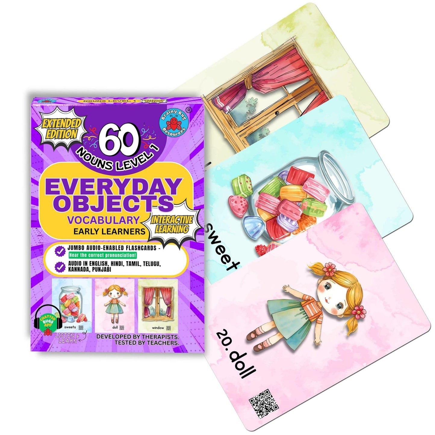 Brainy Bug Resources Flashcards with App-Enabled Audio Feature | 60 Everyday Objects Level 1 | Nouns | Audio in Hindi, English, Punjabi, Tamil, Kannada, Telugu | Spoken English | Special Kids