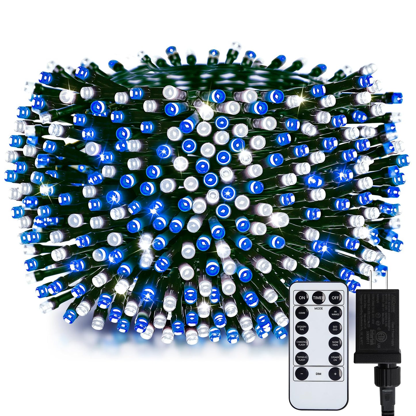 Minetom 1000 LED Christmas Tree Lights, 328 Ft, Blue & Cool White, Waterproof, 8 Modes, Remote, Indoor/Outdoor, Green Wire
