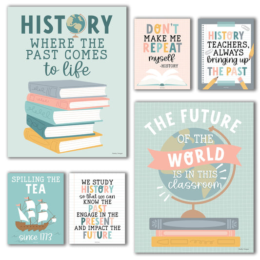 Hadley Designs 6 Social Studies Classroom Decorations – US History Posters for Elementary, Middle School and High School, Durable World History Wall Art for Teachers - Boho Classroom Decor