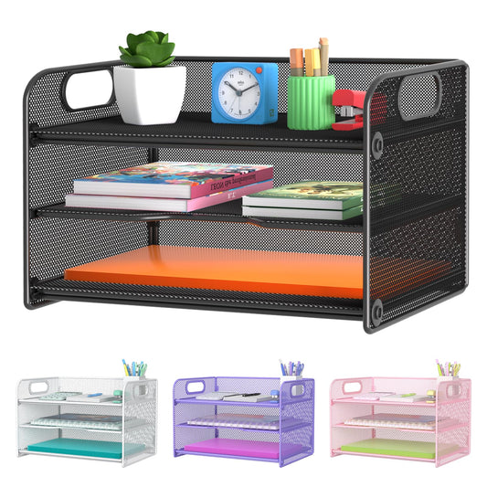 Samstar 3 Tier Letter Tray Paper Organizer with Handle, Mesh Desk Organizer Paper Sorter File Rack Shelves, Black