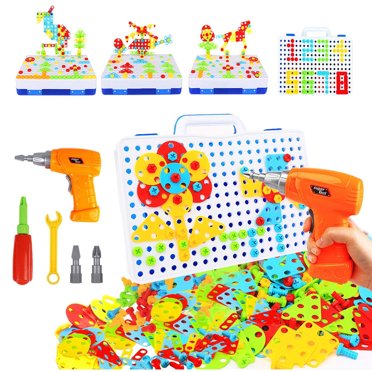 HAPTIME Design and Drill Toy,Educational Toys Building for Kids Ages 3-8,STEM Toys for 3 4 5 6 Year Old,193 Pcs Electric Drill Toy,Magic Montessori Play Toolbox for Toddler Boys Girls Preschool