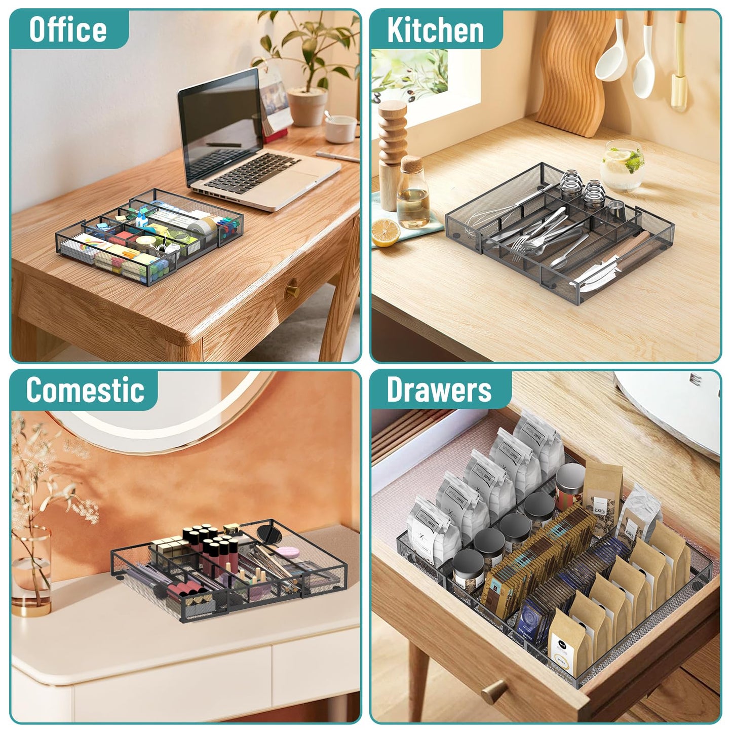 ReePlan 2 Pack Expandable Desk Drawer Organizer Tray with 10 Adjustable Compartments Metal Mesh Office Drawer Organizer for Home, School Supplies, Makeup Vanity & Jewelry (Black)