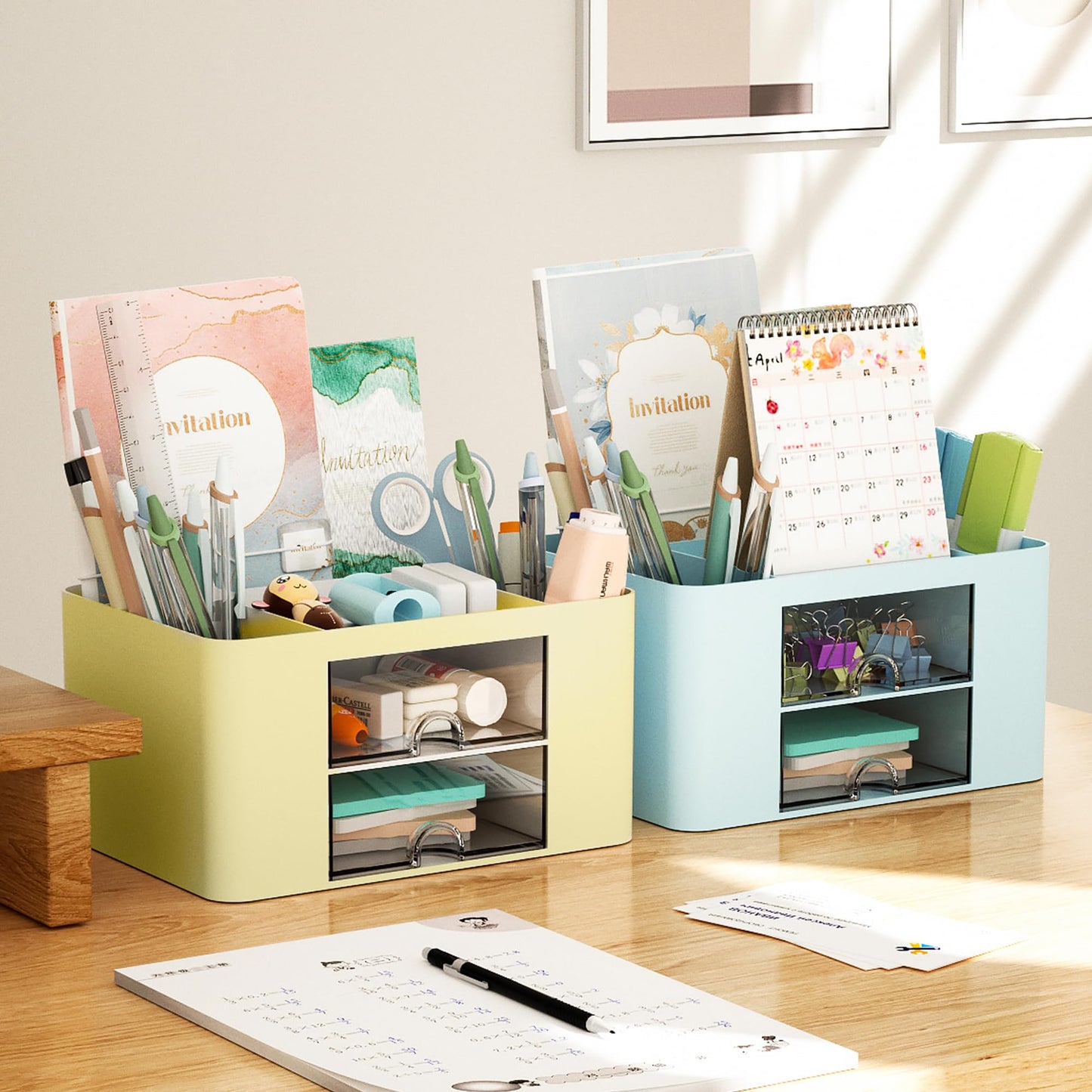 Marbrasse Pen Organizer with 2 Drawer, Multi-Functional Pencil Holder for Desk, Desk Organizers and Accessories with 5 Compartments + Drawer for Office Art Supplies (Yellow)