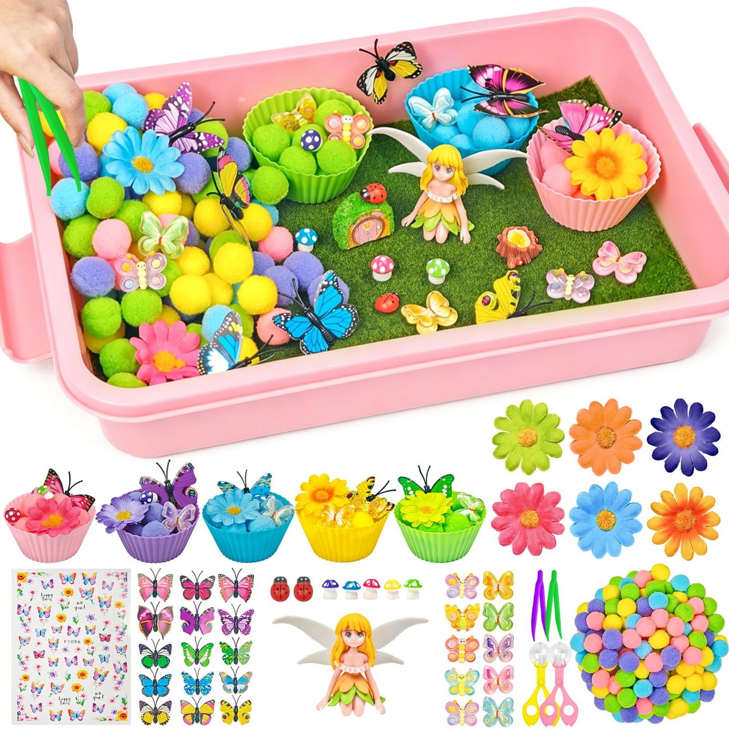 Cinrobiye 197 Pcs Butterfly Sensory Bin Fillers Set with Storage Box, Floral Garden Fairy Theme Decorations, Nature Inspired Materials for Picnic Sensory Bins, Spring Summer Home Activities