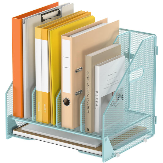 OrgMate Desk File Folder Holder Organizer-4 Vertical Compartments Racks and Paper Letter Tray,Mesh Magazine File Holder Sorter,Desktop Accessories & Workspace Organizers for Home,Office,School-Blue