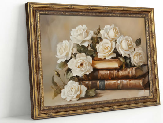 Vintage Gold Framed Books And Flowers Canvas Wall Art Antique White Rose Floral Wall Decor Picture Moody Dark Academia Poster Print for Books Lovers Living Room And Bedroom Library Home Decorate