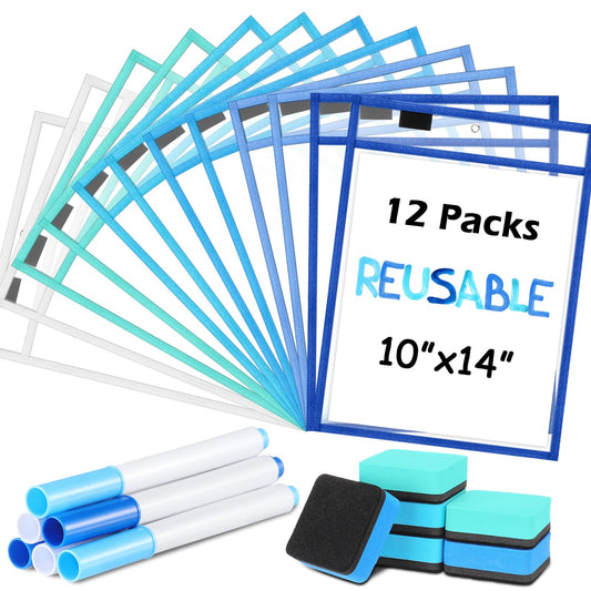 24 Pcs Dry Erase Pocket Reusable Sleeves 10" x 14" Clear Plastic Sheet Protectors with Markers and Mini Dry Erasers for Paper(Ocean Teal)