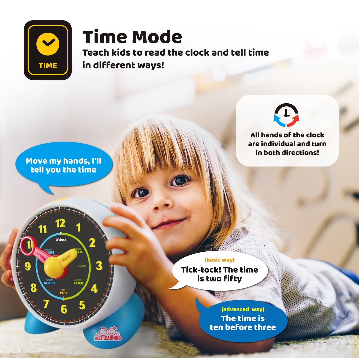 BEST LEARNING Talking Learning Clock for Kids - Telling Time Teaching Clock with Movable Hands, Quiz & Music Sleep Mode - Toddler Preschool Toy Ages 3 4 5 6 Boy Girl Birthday Gift