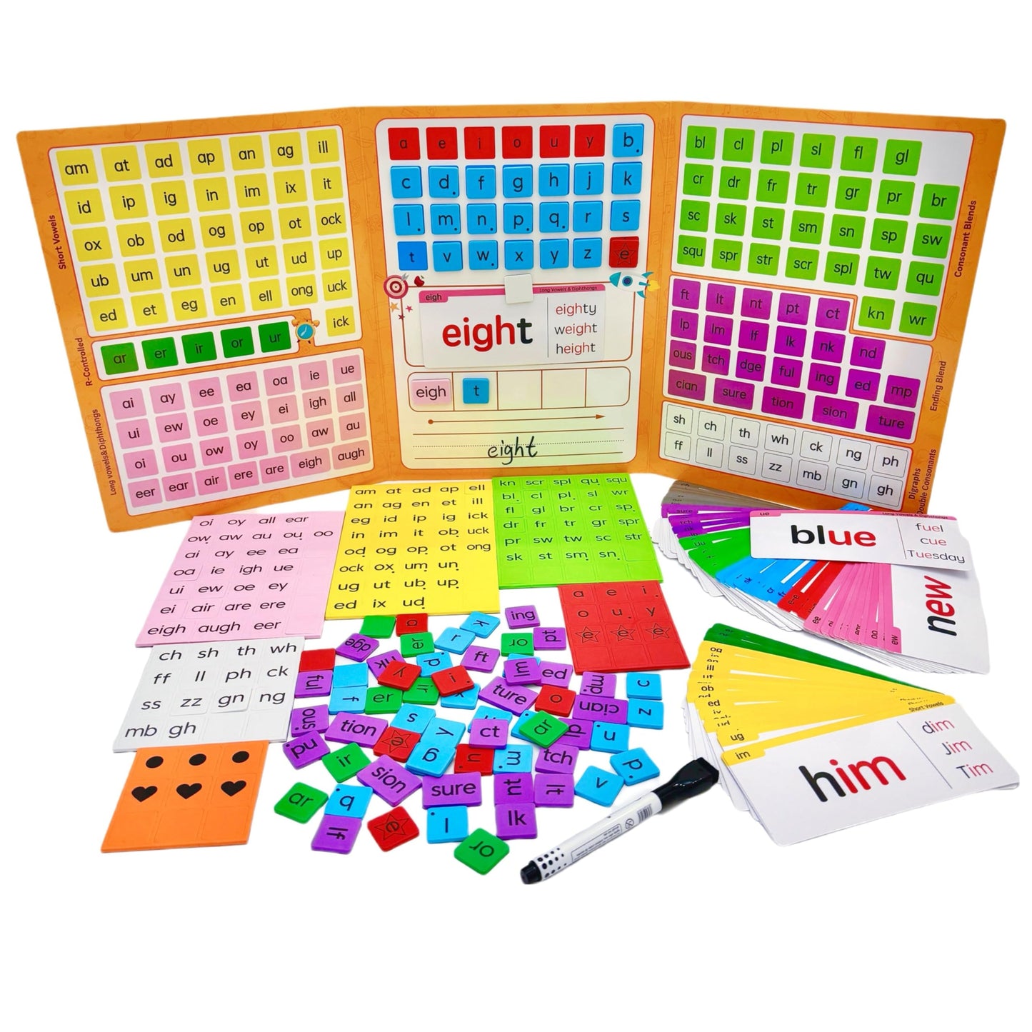 Phonics Word Building Magnetic Tiles Set Phonics Manipulatives Magnetic Letter Tiles Phonemic Awareness Science of Reading Educational Learning Kit with 239 Foam Tiles, 90 Flash Cards, Magnetic Folder