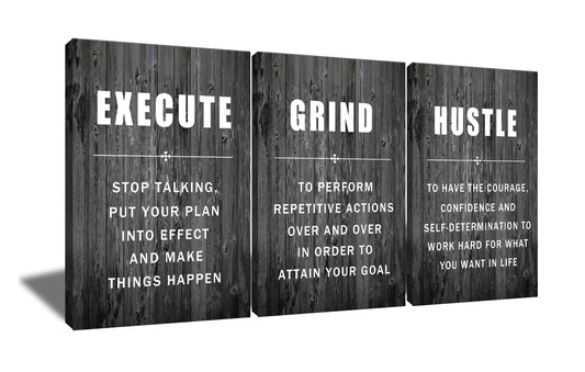Motivational Wall Art Execute Grind Hustle Inspirational Poster 3 Pieces Canvas Prints Artwork for Living Room Modern Home Decor Painting Pictures Stretched and Framed Ready to Hang [48''Wx 24''H]