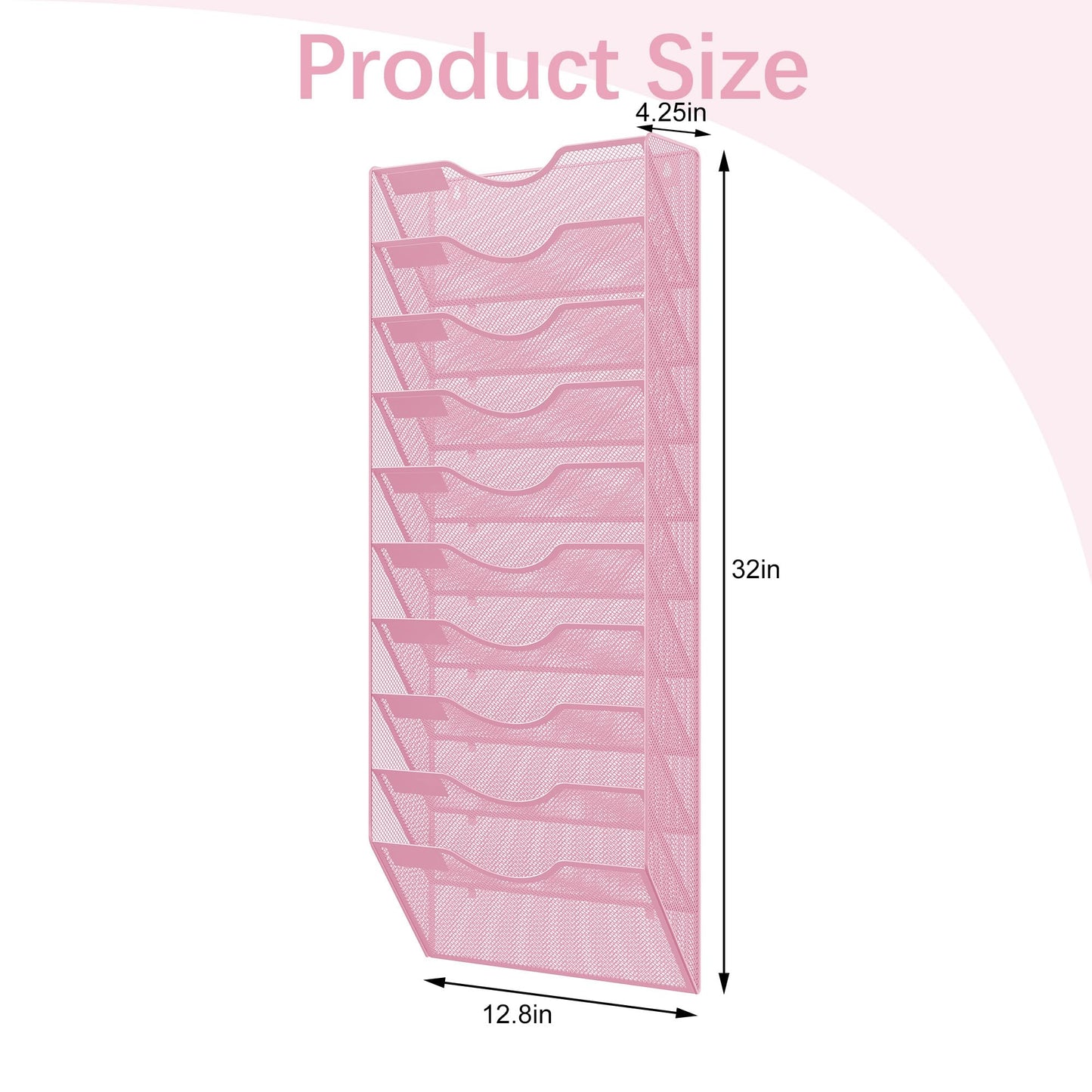 EasyPAG 10 Pocket Mesh Wall File Organizer, Hanging Paper Folder Holder with Classify Label, Vertical Wall Mount Mail Organizer for Office Home Classroom, Pink