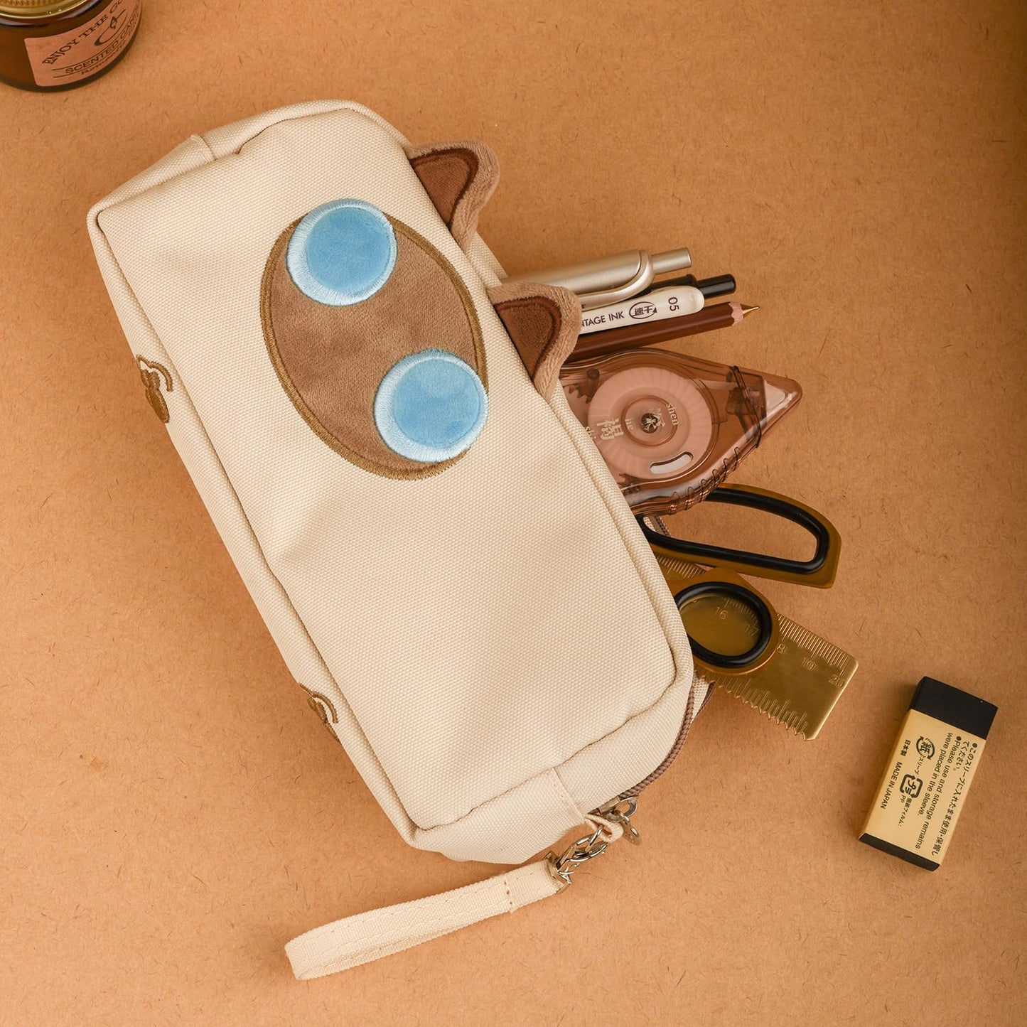 Hongdian Large Capacity Pencil Case Tan Color, 3D Cat Pen Bags Pencil Pouch Organizer for Office College School Stationery