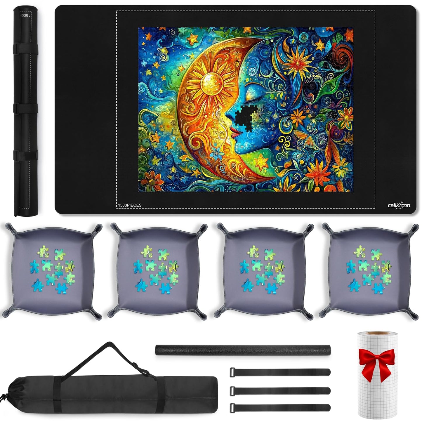 Callkroon 1500-piece Rubber Puzzles Mat – 1 Non-Slip Puzzle roll up, 1 roll of Jigsaw Saver (78 inches x 11.8 inches), 4 Sorting Trays – is The for Adults and Puzzle Enthusiasts.