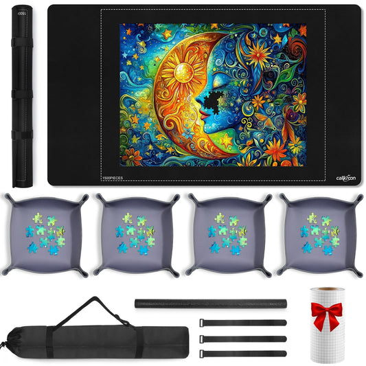 Callkroon 1500-piece Rubber Puzzles Mat – 1 Non-Slip Puzzle roll up, 1 roll of Jigsaw Saver (78 inches x 11.8 inches), 4 Sorting Trays – is The for Adults and Puzzle Enthusiasts.