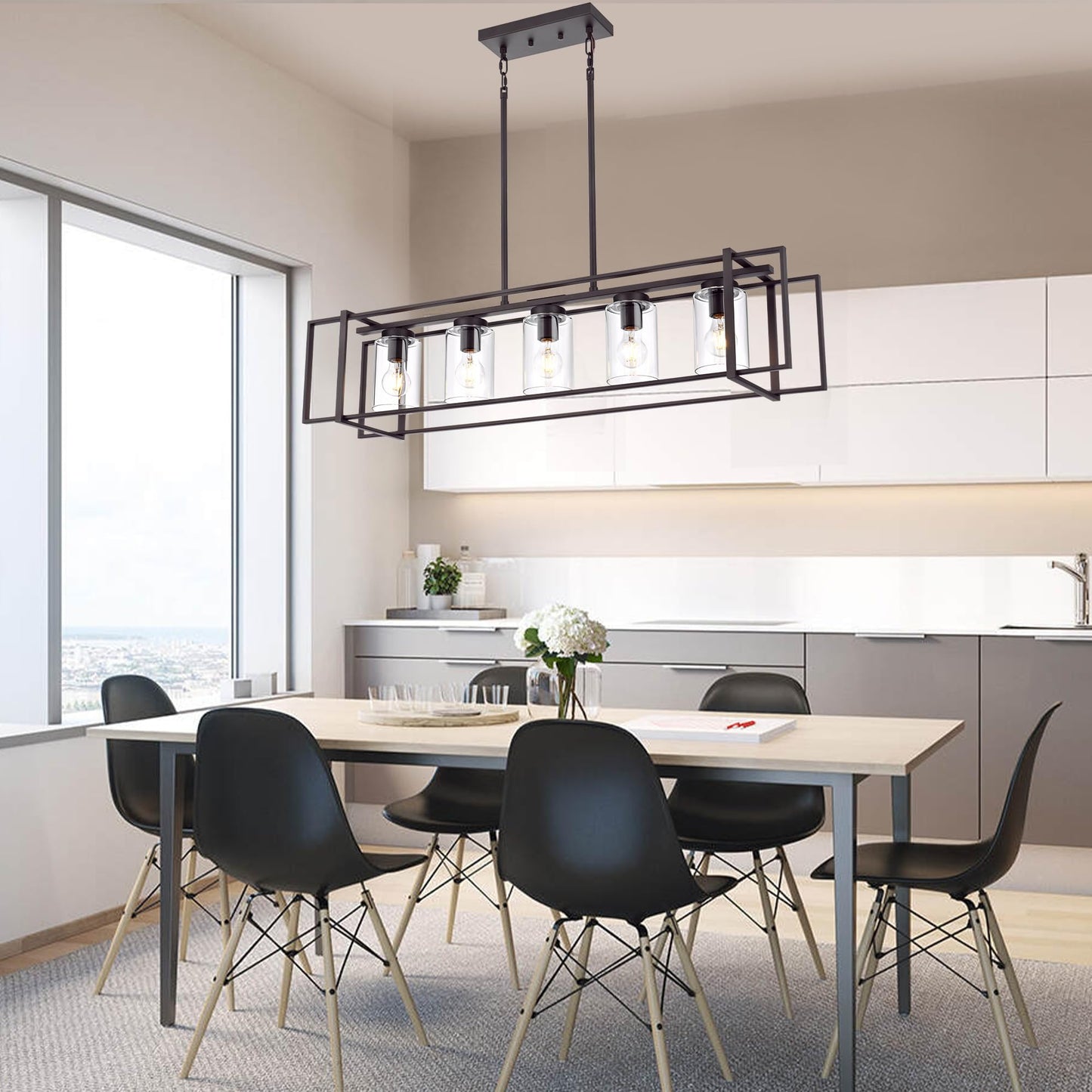 Lucidce 5-Light Industrial Pendant Light, Oil-Rubbed Bronze, Adjustable, Iron, Rectangular Frame, Model 011P-OB, Transparent Glass Shades