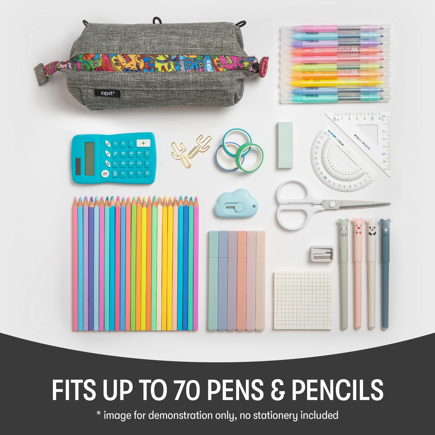 ZIPIT: Lenny Pencil Case - Grey & Doodles - Large Storage Capacity Zipper Pouch, Makeup-Stationery Bag, School, Washable Polyester, Kids-Teens-Adults
