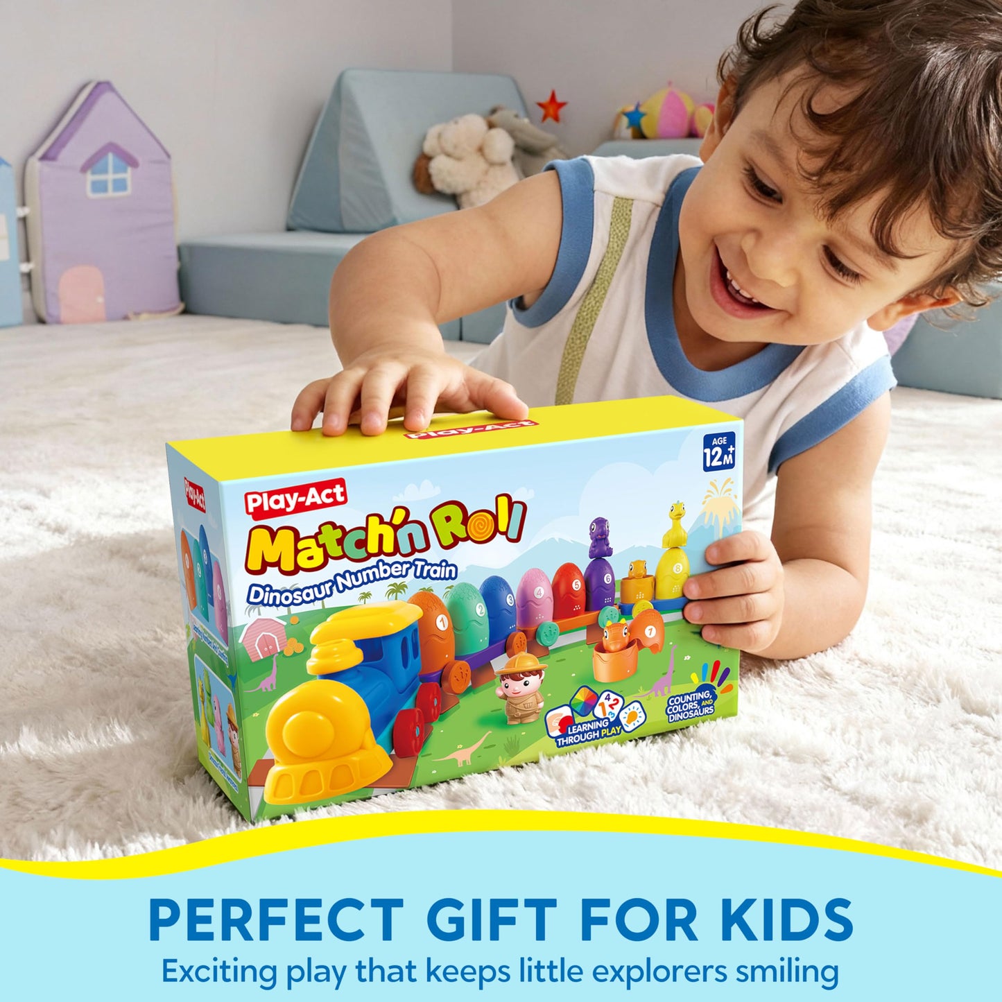 Play-Act Learning Toy for Toddlers 1 2 3 Years Old, Counting, Matching & Sorting Montessori Learning Dinosaur Train Including 9 Dinosaurs, Birthday Gift for Baby Boys Girls