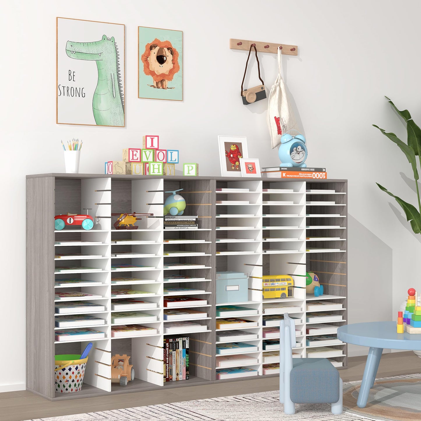 EasyPAG Wooden Literature Organizer with Adjustable Shelves, 36 Compartments Office Paper Organizer Storage 18000 Sheets Letter Size Paper, Student Mailbox for Classroom, Retro Gray/White