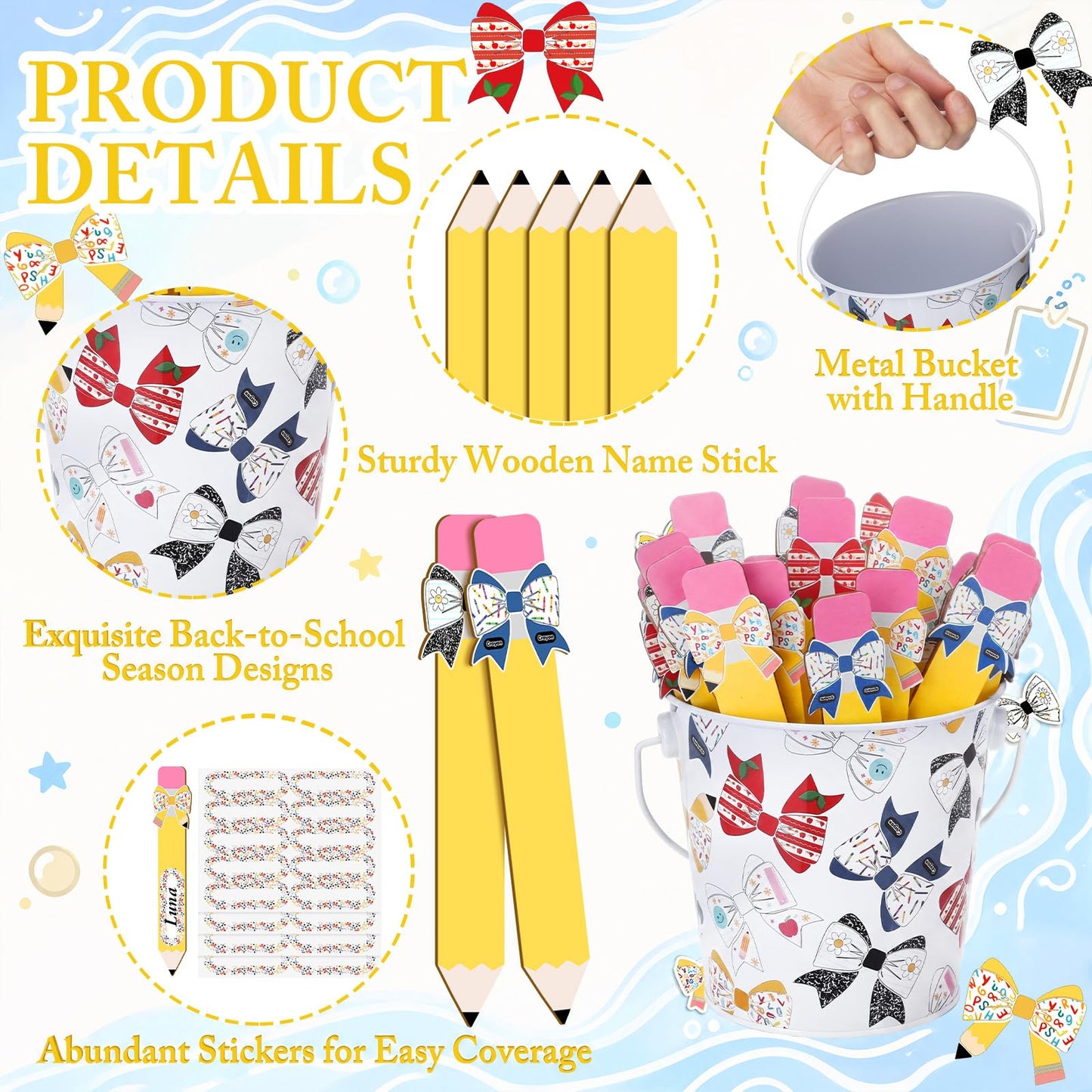 ReliThick 101 Pcs Pencil Bow Flip Name Sticks with Metal Buckets Back to School Talking Sticks with Metal Holder Set for Classroom Management Tool Teacher Essentials Educational Activities