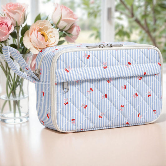 WOBAGMEN Quilted Pencil Pouch for Girls Women, Large Pencil Case Pouch with Compartments Cute Aesthetic Pencil Case Organizer, Floral Pencil Bag for School Supplies (Striped Cherry)