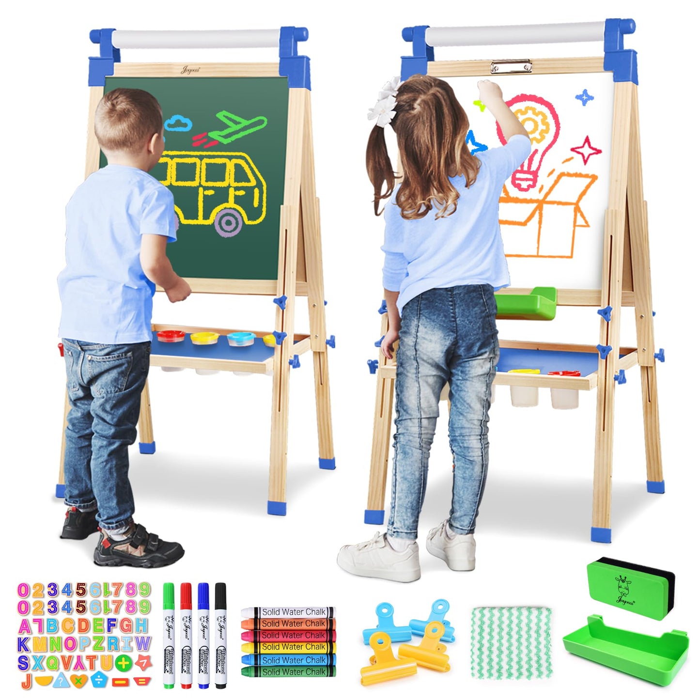 JOYOOSS Easel for Kids Art Easel Kids Easels for Toddlers,Wooden Kid Easel with Paper Roll - Adjustable Magnetic Double Sided Kids Dry Erase Board,Birthday Gifts for 1-12 Year Old Girls or Boys Blue