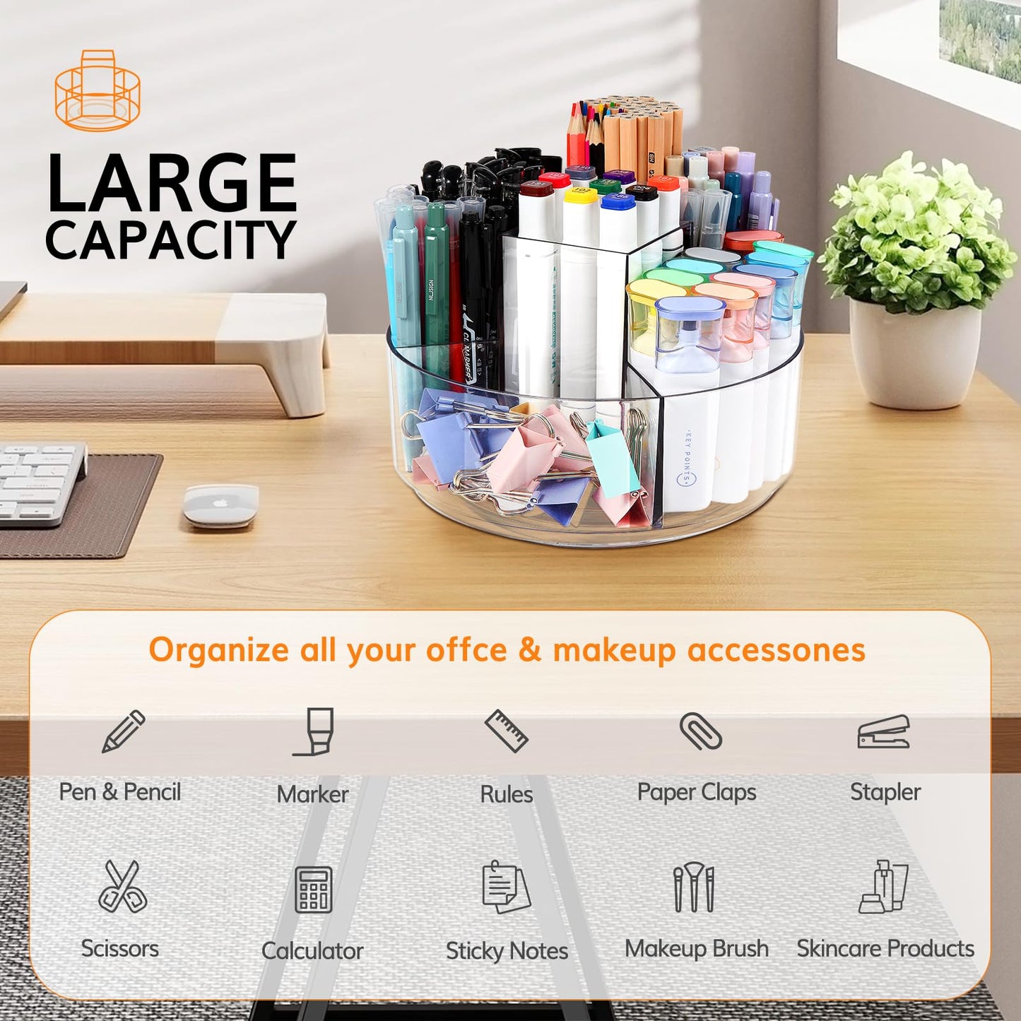 Hiborateed Rotating Pencil Holder for Desk, 5 Slots 360-Degree Spinning Acrylic Pen Holder for Desk, Marker Holder Caddy Art Supply Organizer Pen Organizer for Office Home School