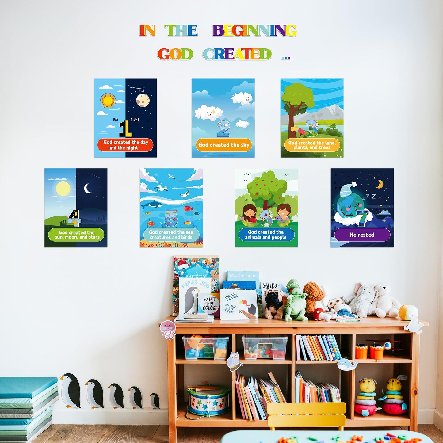 HoniedPepperino 7 Days of Creation Poster - 13.7x11in God Created The World Educational Paper Wall Art for Sunday School Decorations, Back to School Teacher Supplies & Bulletin Board for VBS