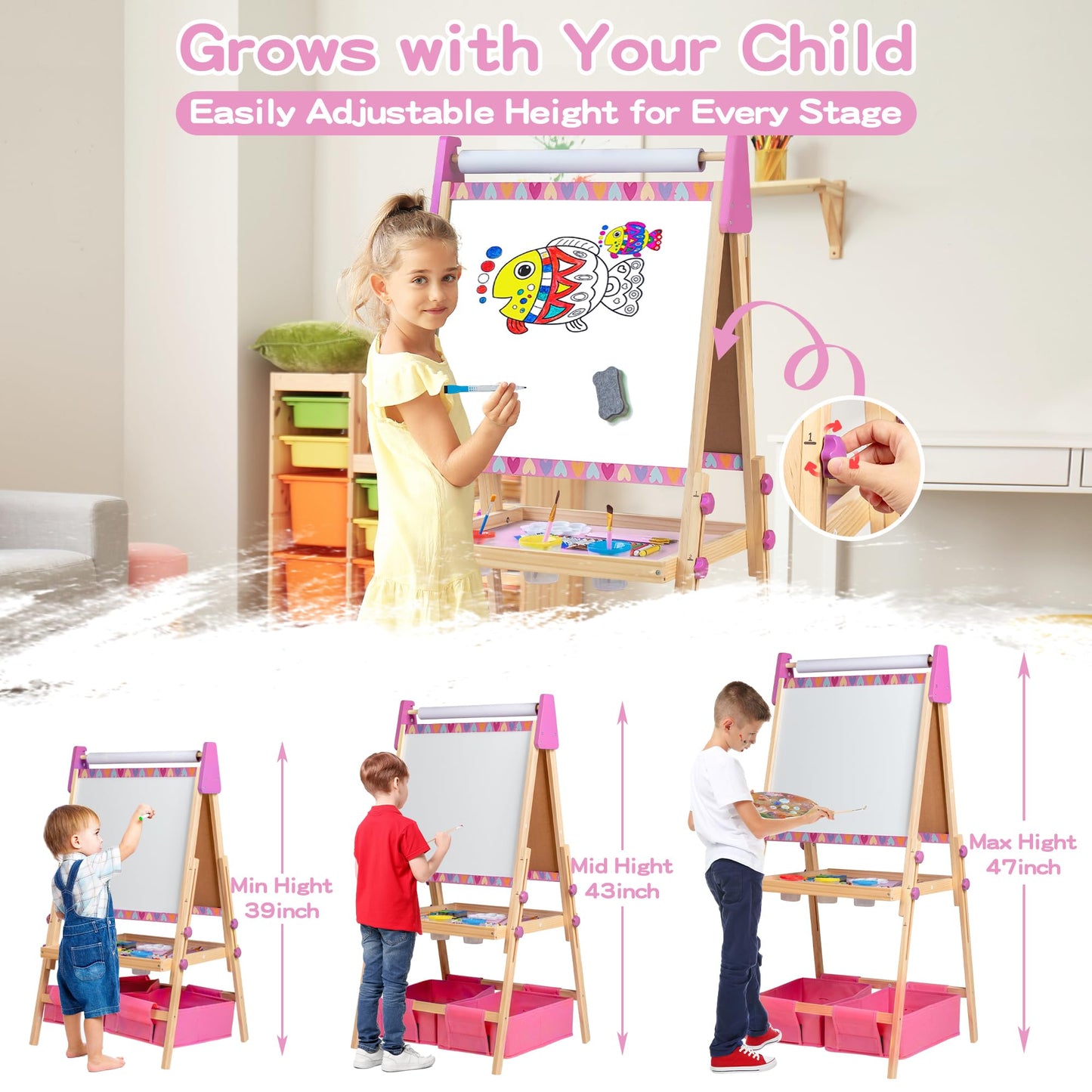 3-in-1 Adjustable Kids Art Easel with Magnetic Whiteboard, Chalkboard & 3 Paper Rolls, All-in-One Double Sided Wooden Painting Easel with Accessories for Toddlers and Kids Ages 3+
