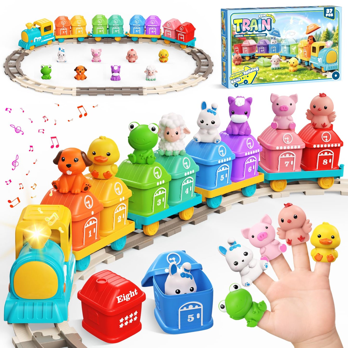 Cmiolacuna Train Set for Toddlers 2-4, Electric Toddler Train Set with Farm Animals, Music & Lights, Montessori Counting & Sorting Learning Toy, Birthday Easter for Boys Girls (Blue/Yellow)
