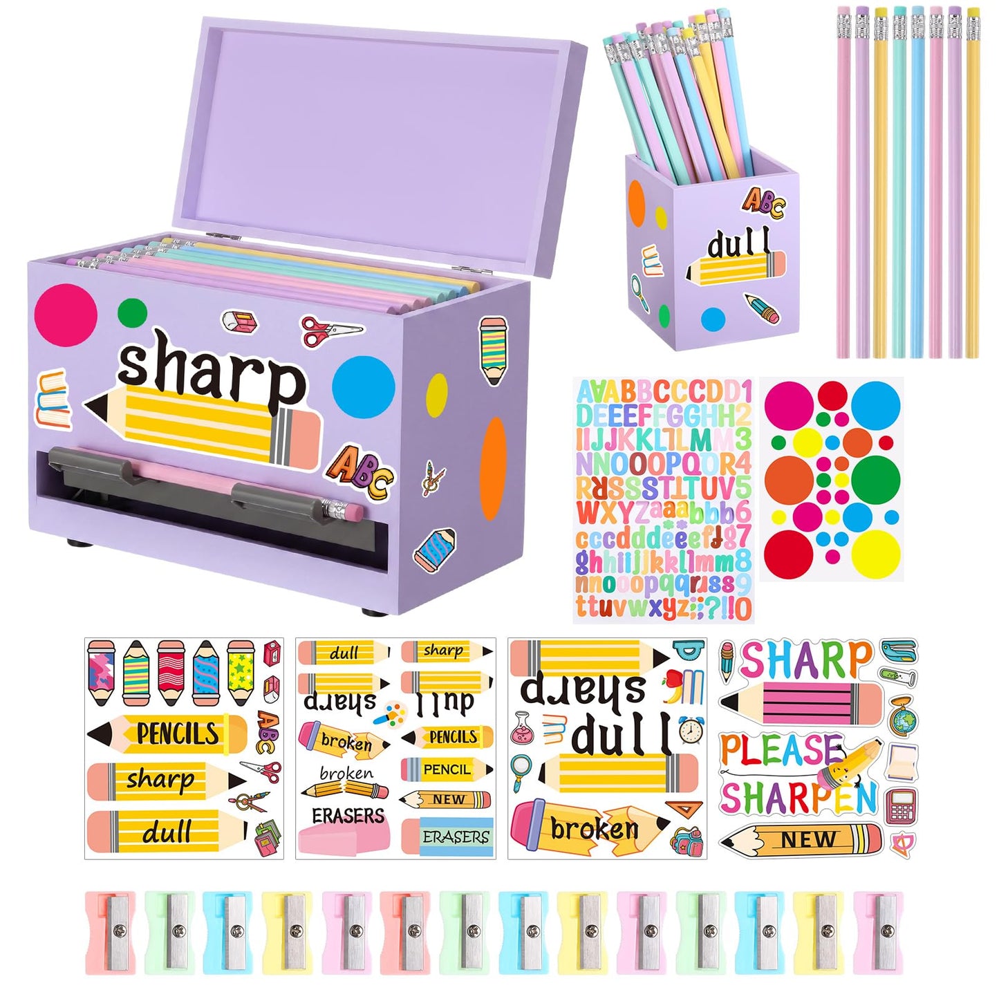 Watersay 108 Pcs Pencil Dispenser Kit for Classroom Wooden Sharp and Dull Pencil Holder 50 Pencils 50 Sharpener 6 Sticker Classroom Teacher Must Have Straw Dispenser for Back to School(Purple)