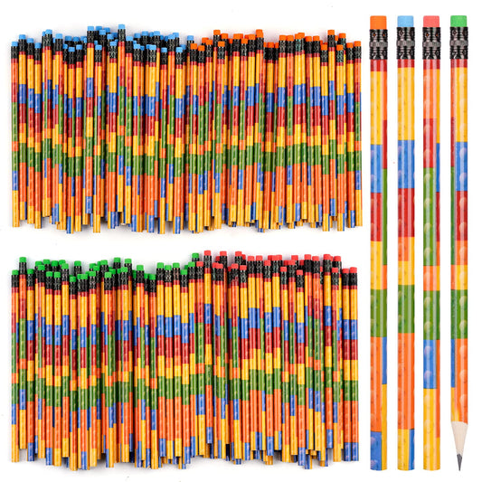 Kolewo4ever 200 Pieces Building Block Wood Pencils Colorful Round Pencils with Top Erasers Students Birthday Goody Bag Bulk Filler for Exams School Office Sketching Learning Activities