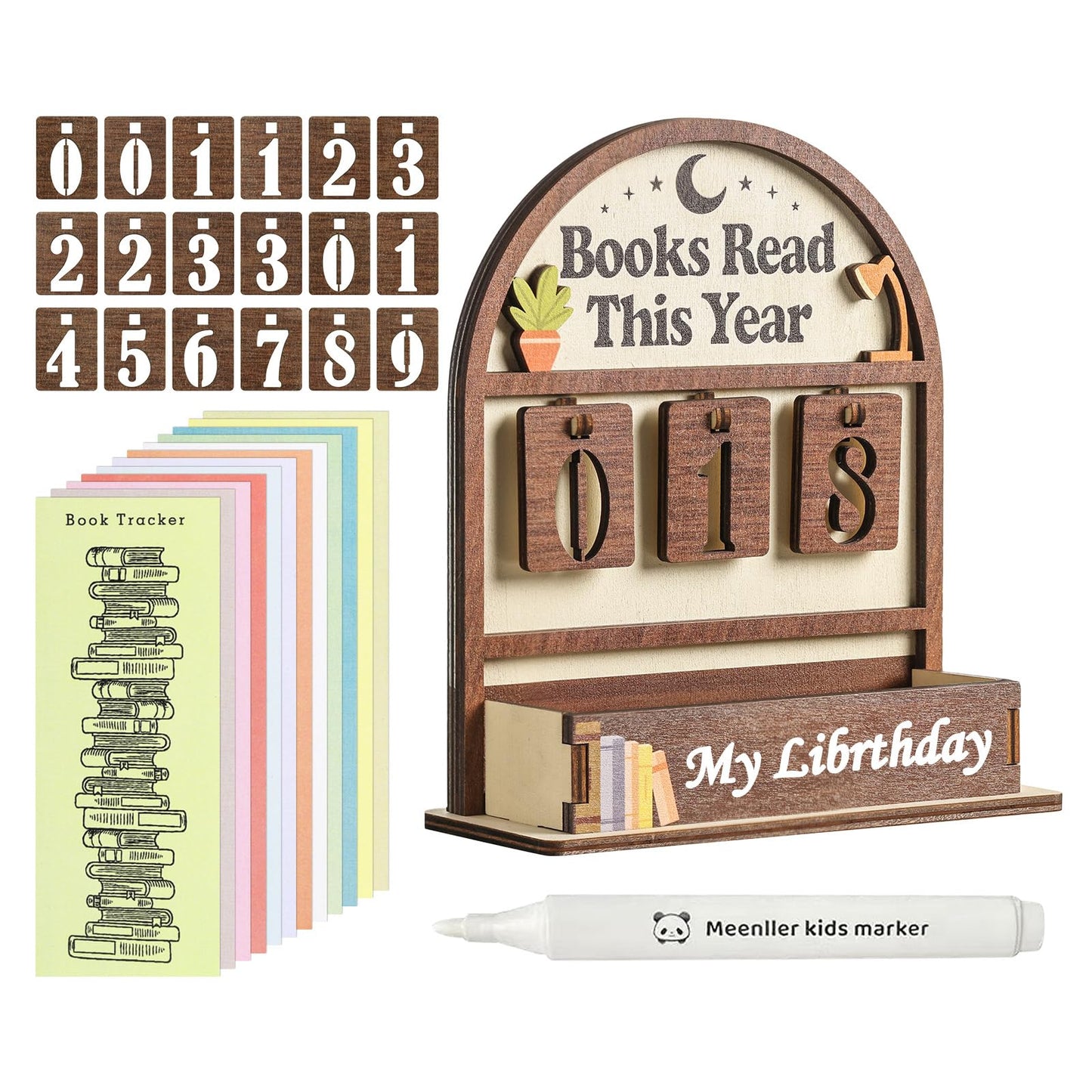 Books Read This Year Counter with 12Pcs Bookmarks, Wooden Reading Tracker Sign for Home Library Decor, Personalized Book Counter Sign Bookshelf Decor, Book Lover Gift for Bookclub Stocking Stuffers