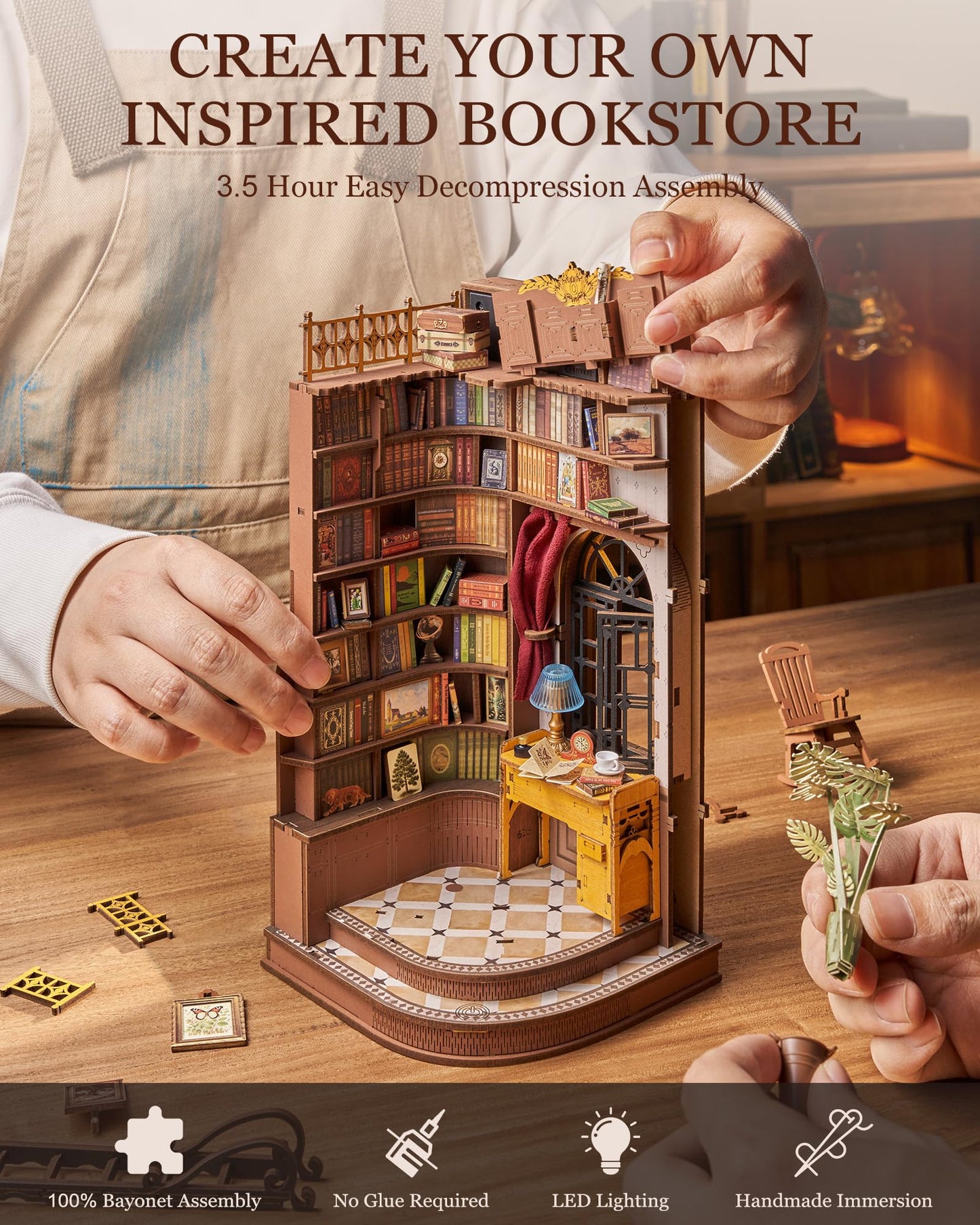 Rolife DIY Book Nook Kit Silent Corner Study, 3D Puzzles Creative British Bookend Bookshelf Decor for Adults, Tiny House Miniature Kits Model Building Kits, DIY Crafts/Gifts for Teens & Book Lovers
