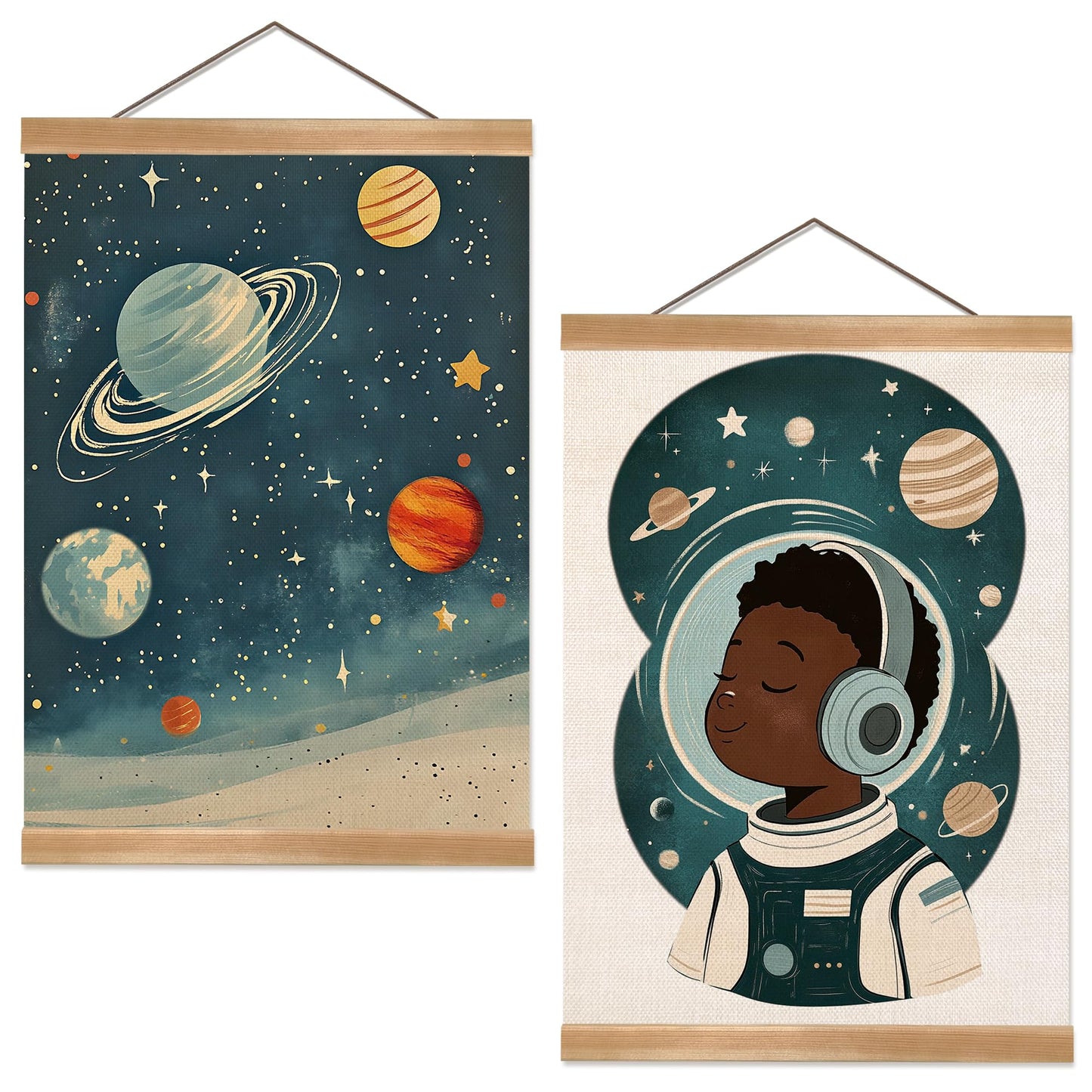 ZTGDA Solar System & Astronaut Wall Art Set of 2, Space Poster with Wood Hanger, Universe Theme Kids Room Decor for Boys and Girls, Classroom or Nursery Wall Display, 12x16 Inch(Space travel-01)