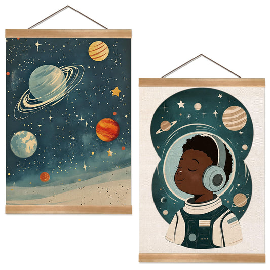 ZTGDA Solar System & Astronaut Wall Art Set of 2, Space Poster with Wood Hanger, Universe Theme Kids Room Decor for Boys and Girls, Classroom or Nursery Wall Display, 12x16 Inch(Space travel-01)