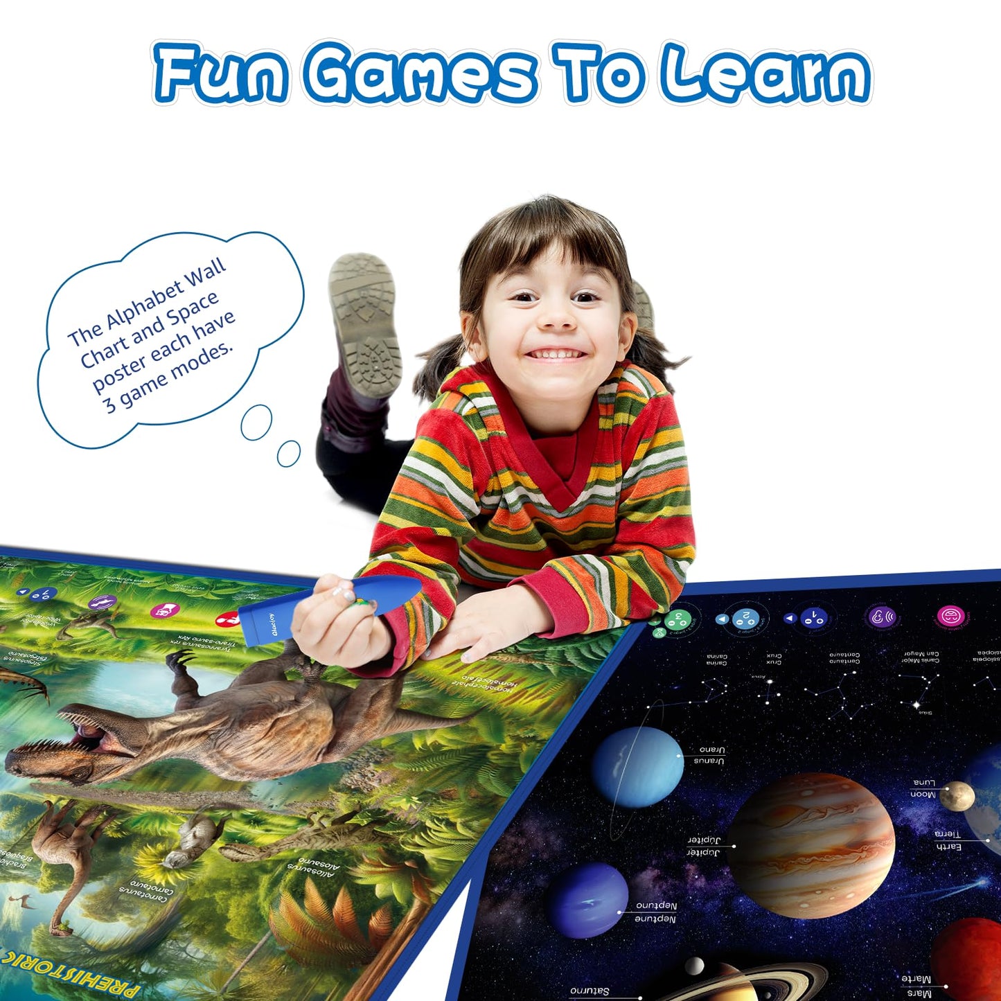 Bilingual Interactive for Kids Talking Dinosaur Space Poster for Kids Learning and Educational Toys,Talking Educational Dinosaur Toy for Ages 3 to 12 Years Old,Space Theme Wall Decor for Preschool