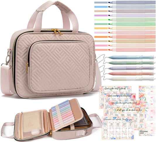 Bible Cover Case for Women, Large Bible Bag w/Shoulder Strap, Bible Study Supplies Journaling Kit Pink Book Carrying Case with Accessories Pastel Highlighter Tab, Christian Gifts for Women Mom Friends