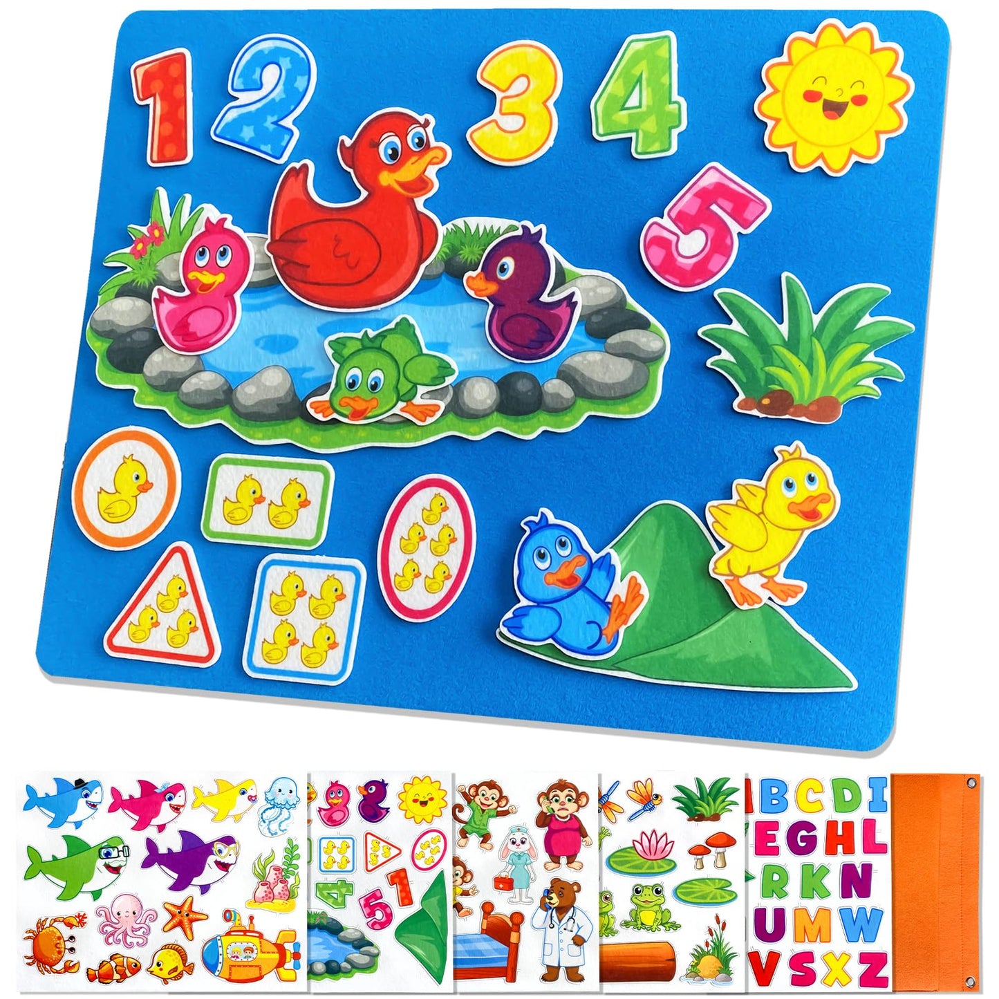 5 Set Felt Board Stories Pieces for Toddlers，1 Flannel Board With 5 Little Ducks,5 Little Monkeys Jumping on The Bed,5 Green Speckled Frogs,Baby Shark,26 letters for Preschool Learning Activities