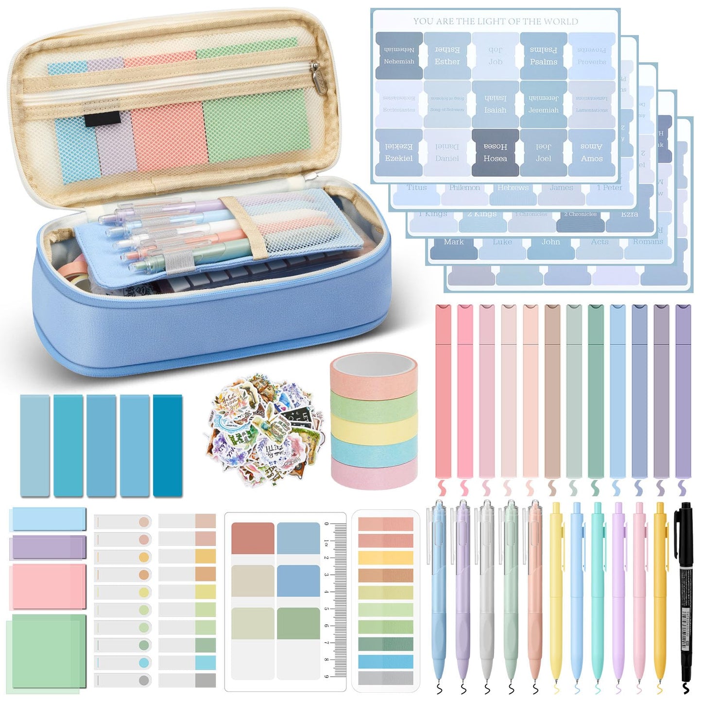 98 Pcs Bible Study Supplies, Bible Journaling Kit for Women, Aesthetic Study Kit with Pencil Case Book Annotation Aesthetic Highlighters Notes Gel Pens for Office Christian Gifts Christmas(Blue)