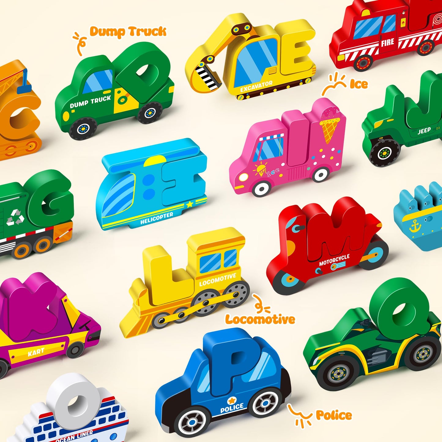Vanmor Wooden Vehicle Alphabet Puzzle for Toddlers, Traffic ABC Letter Sight Words Matching Game with 52 Blocks and Flash Cards, Spelling Game Toys, Kindergarten Preschool Learning Activities